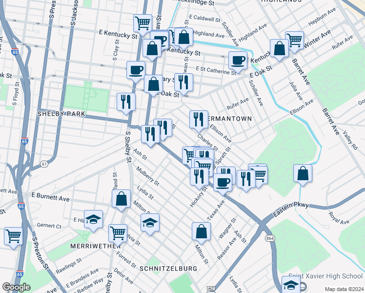 map of restaurants, bars, coffee shops, grocery stores, and more near 979 Goss Avenue in Louisville