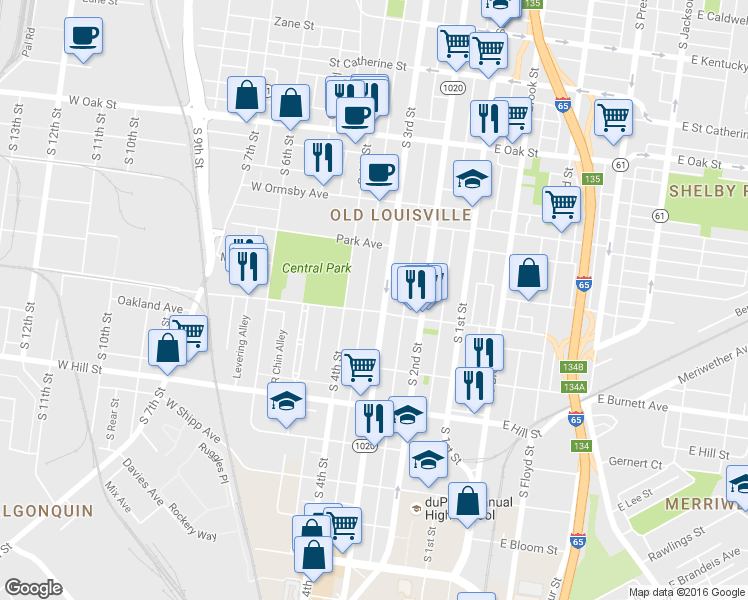map of restaurants, bars, coffee shops, grocery stores, and more near 223 West Magnolia Avenue in Louisville