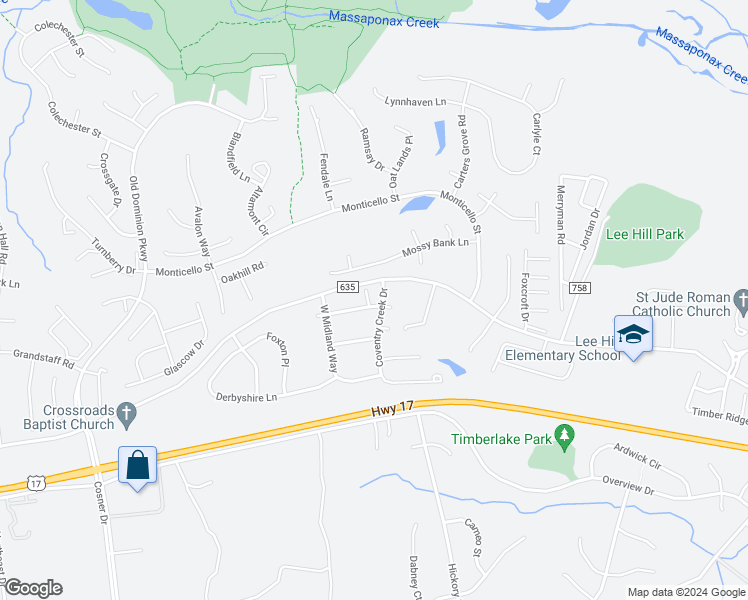 map of restaurants, bars, coffee shops, grocery stores, and more near 9903 Warwick Place in Fredericksburg