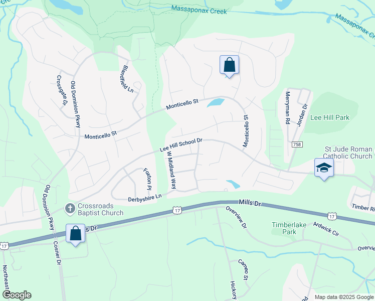 map of restaurants, bars, coffee shops, grocery stores, and more near 9906 Warwick Place in Fredericksburg