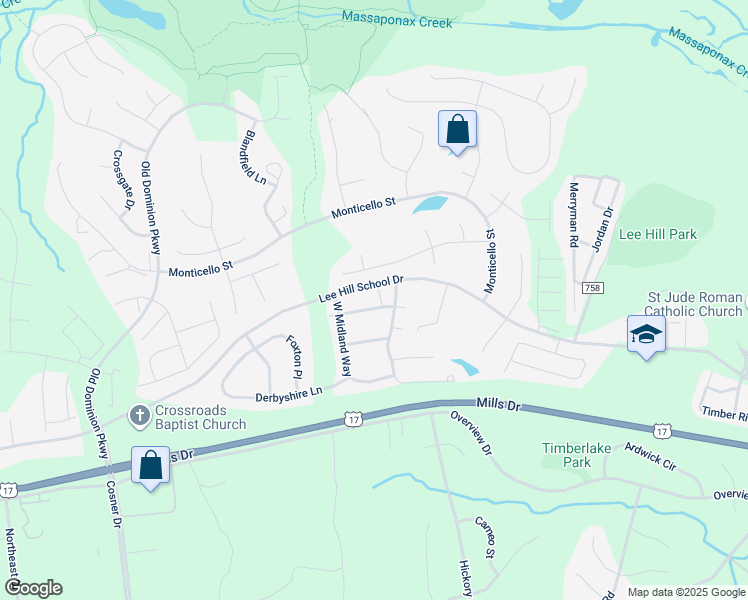 map of restaurants, bars, coffee shops, grocery stores, and more near 9906 Warwick Place in Fredericksburg
