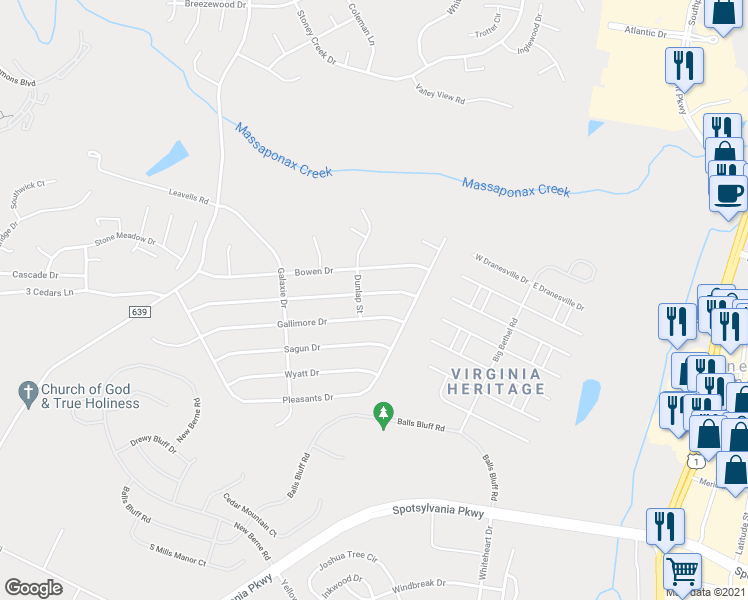 map of restaurants, bars, coffee shops, grocery stores, and more near 302 Patterson Avenue in Fredericksburg