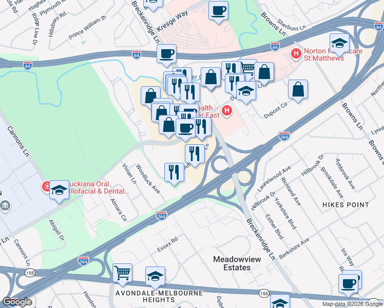 map of restaurants, bars, coffee shops, grocery stores, and more near 6106 Dutchmans Lane in Louisville