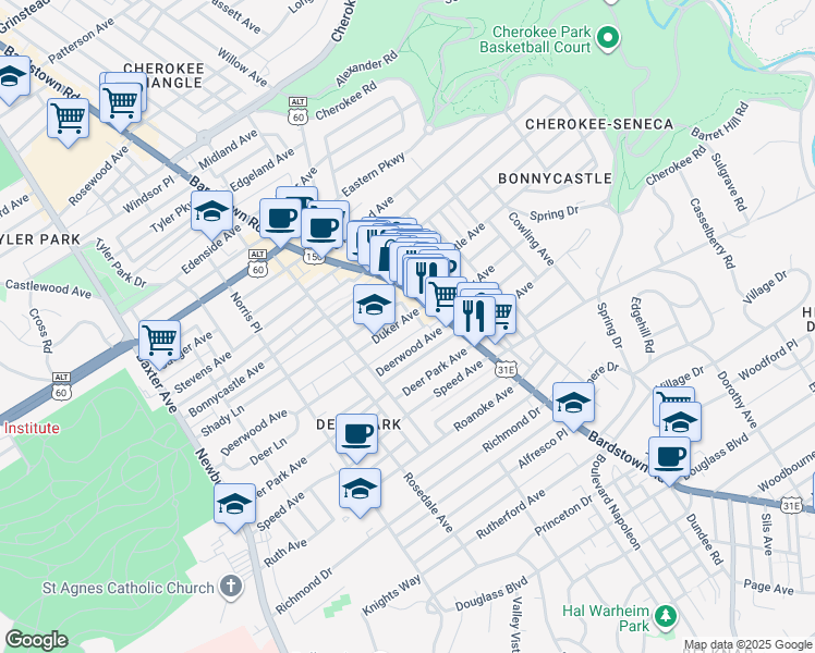 map of restaurants, bars, coffee shops, grocery stores, and more near 1942 Duker Avenue in Louisville