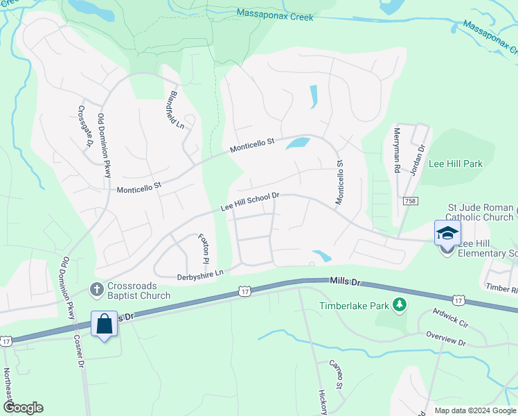 map of restaurants, bars, coffee shops, grocery stores, and more near 9908 Warwick Place in Fredericksburg