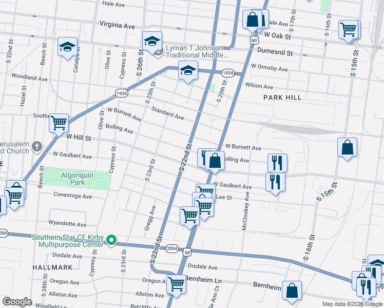 map of restaurants, bars, coffee shops, grocery stores, and more near 1849 West Hill Street in Louisville