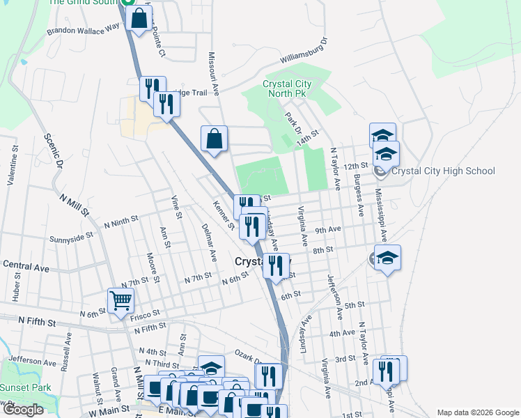 map of restaurants, bars, coffee shops, grocery stores, and more near 1001 Lindsay Avenue in Crystal City