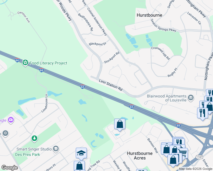 map of restaurants, bars, coffee shops, grocery stores, and more near 8808 Linn Station Road in Louisville
