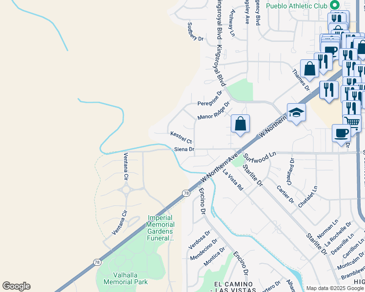 map of restaurants, bars, coffee shops, grocery stores, and more near 5335 Blue Spruce Drive in Pueblo