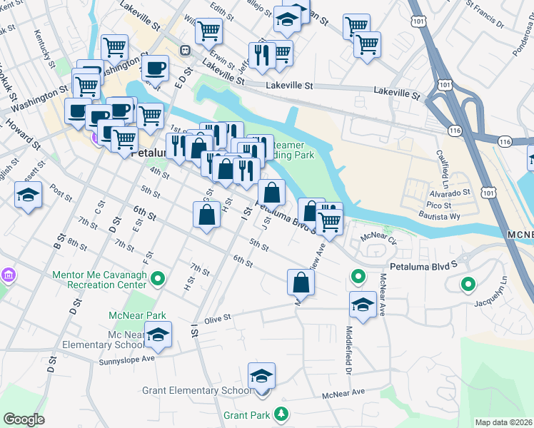 map of restaurants, bars, coffee shops, grocery stores, and more near 732 Petaluma Boulevard South in Petaluma