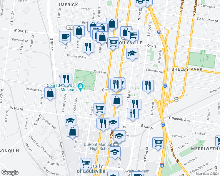 map of restaurants, bars, coffee shops, grocery stores, and more near 223 West Magnolia Avenue in Louisville