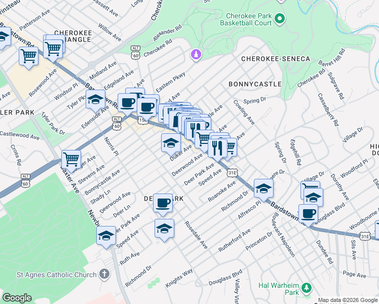 map of restaurants, bars, coffee shops, grocery stores, and more near 1935 Deerwood Avenue in Louisville