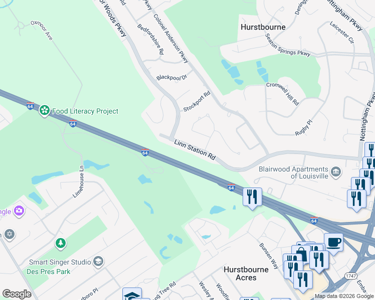 map of restaurants, bars, coffee shops, grocery stores, and more near 8808 Linn Station Road in Louisville