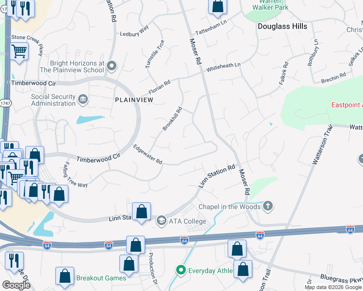 map of restaurants, bars, coffee shops, grocery stores, and more near 10613 Edgewater Road in Louisville