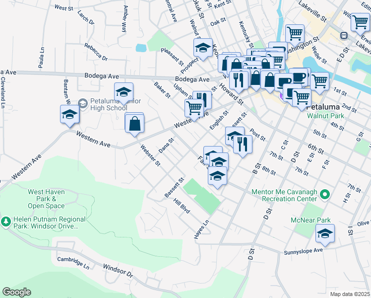 map of restaurants, bars, coffee shops, grocery stores, and more near 504 English Street in Petaluma