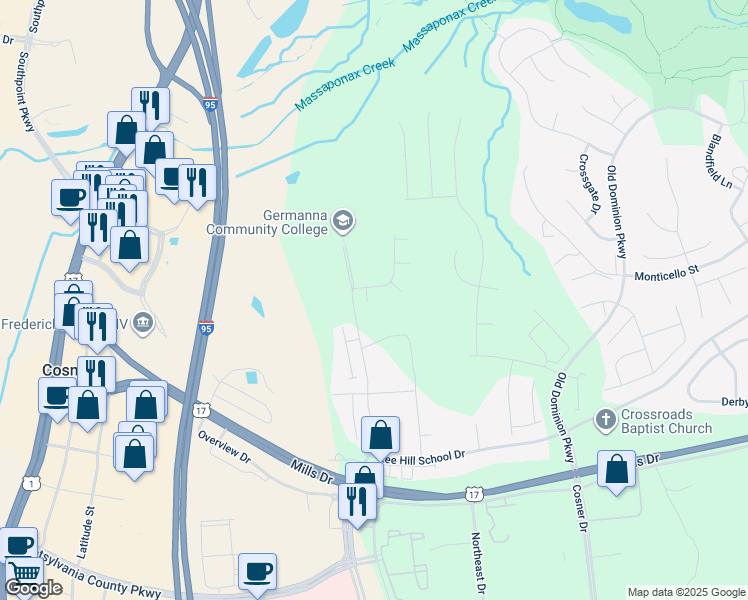 map of restaurants, bars, coffee shops, grocery stores, and more near 9901 Blade Court in Fredericksburg