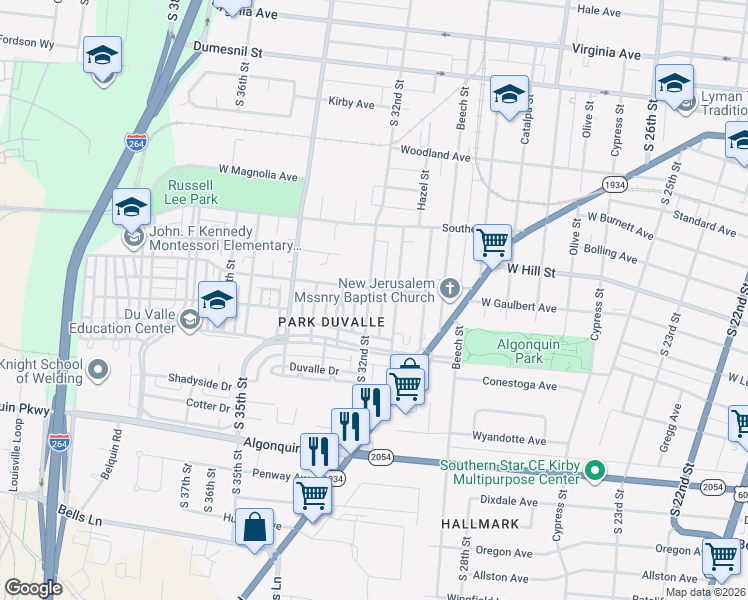 map of restaurants, bars, coffee shops, grocery stores, and more near 1618 South 32nd Street in Louisville