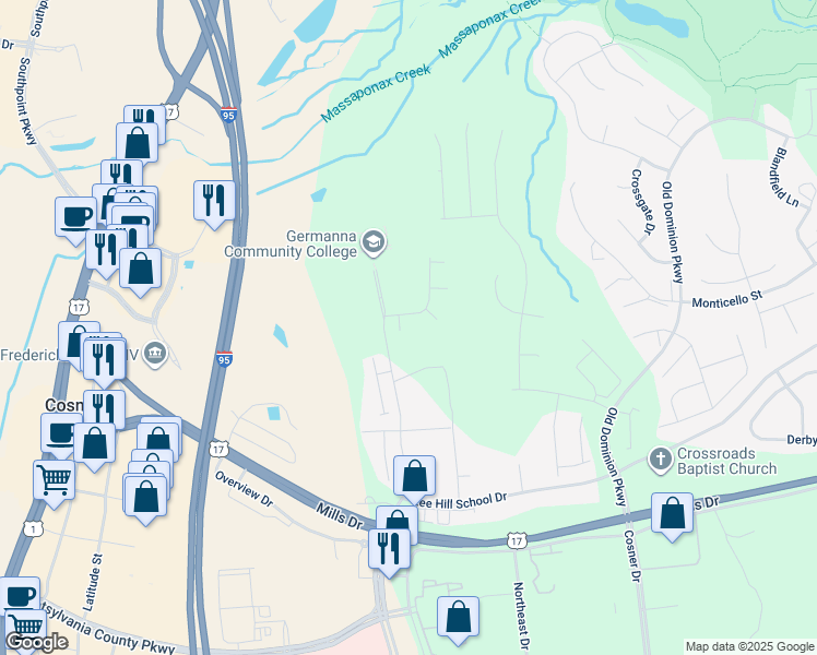 map of restaurants, bars, coffee shops, grocery stores, and more near 9901 Blade Court in Fredericksburg