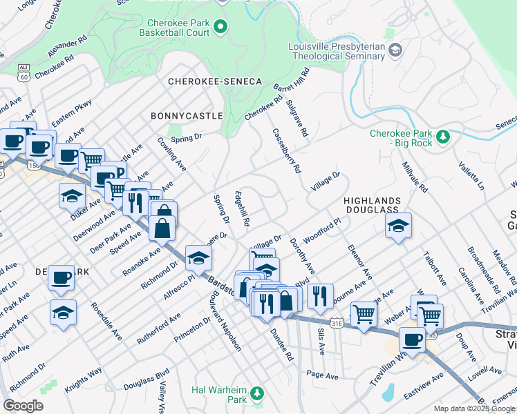 map of restaurants, bars, coffee shops, grocery stores, and more near 2119 Lauderdale Road in Louisville