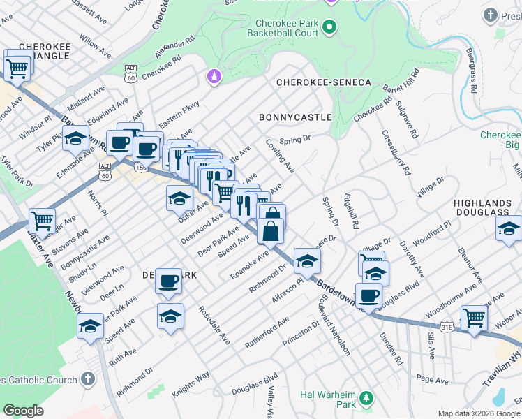 map of restaurants, bars, coffee shops, grocery stores, and more near 1779 Bardstown Road in Louisville