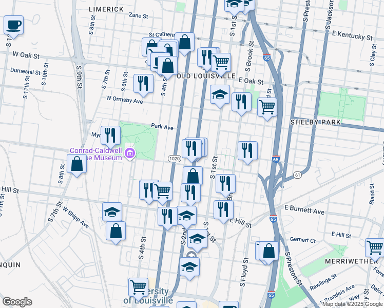 map of restaurants, bars, coffee shops, grocery stores, and more near 1397 Kentucky 1020 in Louisville