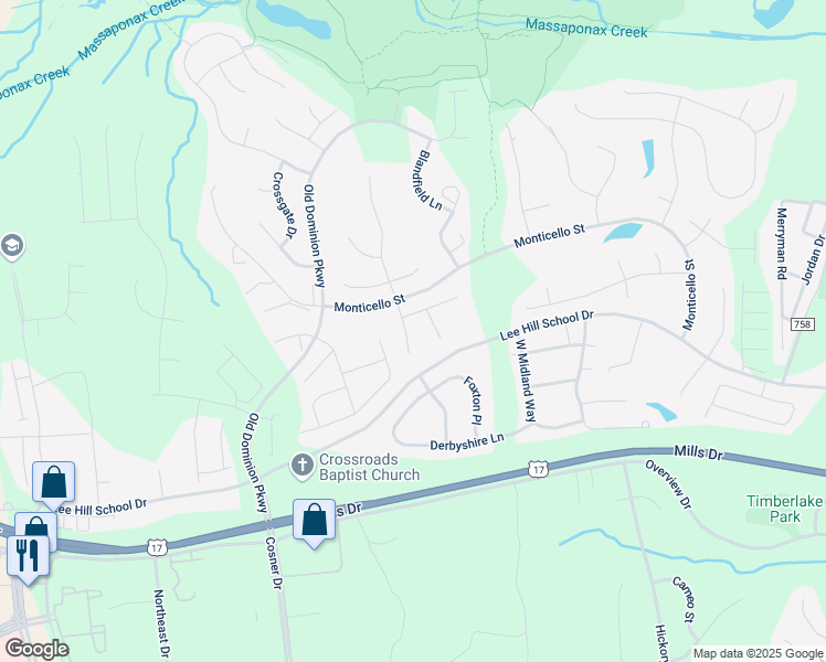 map of restaurants, bars, coffee shops, grocery stores, and more near 9809 Poplar Forest Road in Fredericksburg