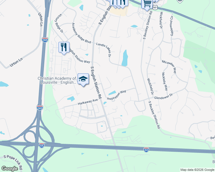 map of restaurants, bars, coffee shops, grocery stores, and more near 801 Inspiration Way in Louisville