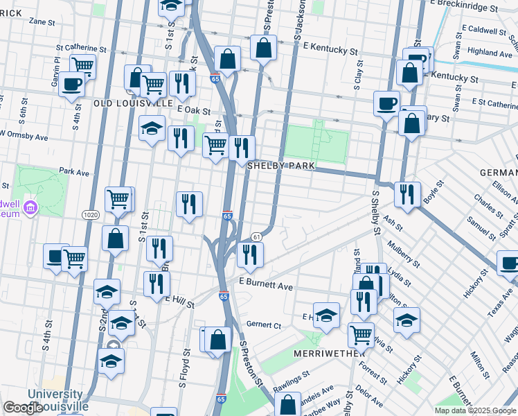 map of restaurants, bars, coffee shops, grocery stores, and more near 425 Woodbine Street in Louisville