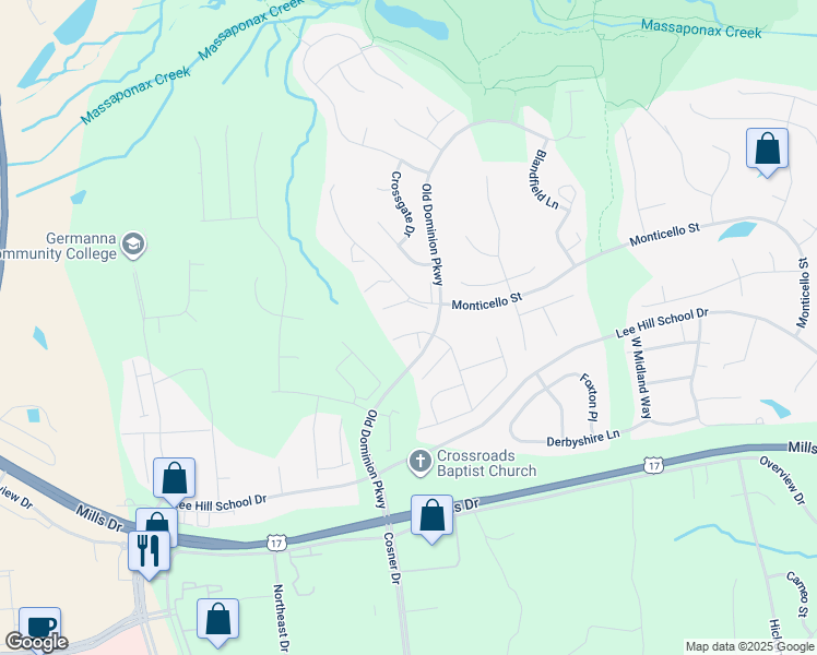 map of restaurants, bars, coffee shops, grocery stores, and more near 9607 Becker Court in Fredericksburg