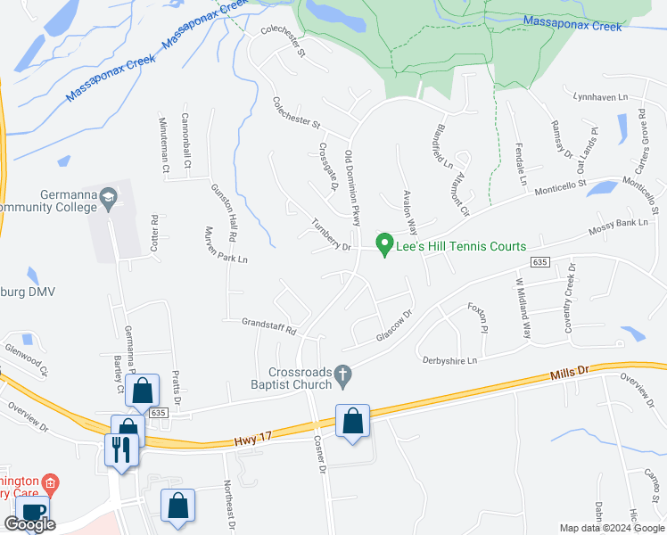 map of restaurants, bars, coffee shops, grocery stores, and more near 9607 Becker Court in Fredericksburg