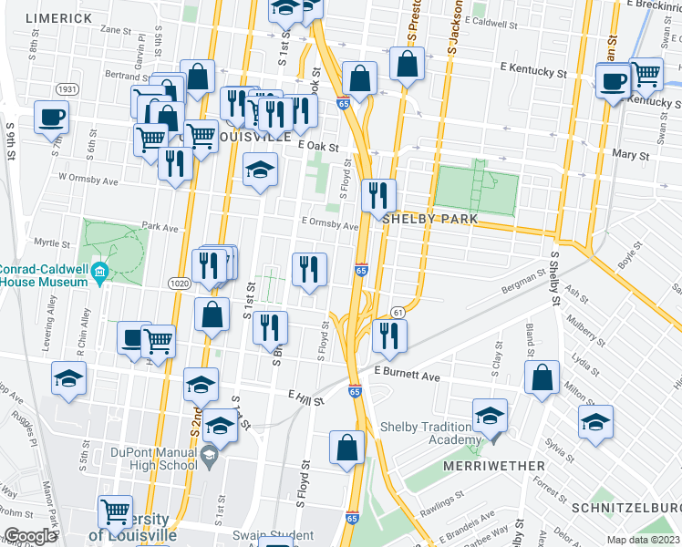 map of restaurants, bars, coffee shops, grocery stores, and more near 1347 South Floyd Street in Louisville