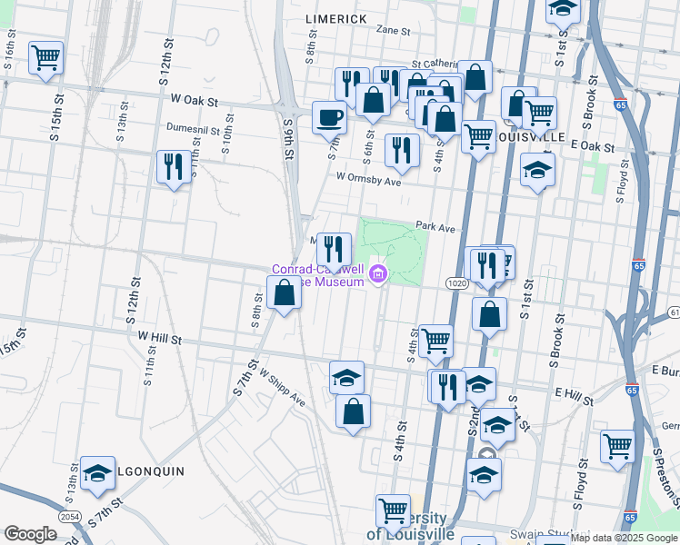 map of restaurants, bars, coffee shops, grocery stores, and more near 611 West Magnolia Avenue in Louisville