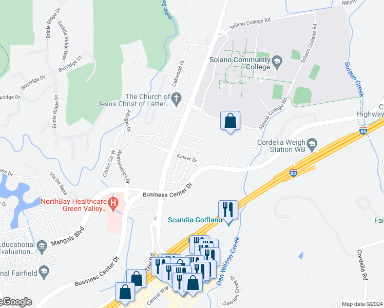 map of restaurants, bars, coffee shops, grocery stores, and more near 4263 Ithaca Court in Fairfield