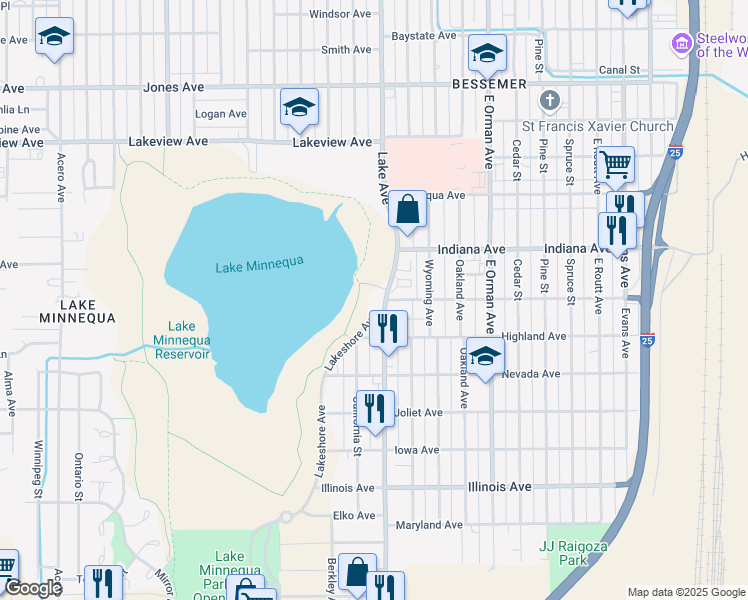 map of restaurants, bars, coffee shops, grocery stores, and more near 2201 Lake Avenue in Pueblo