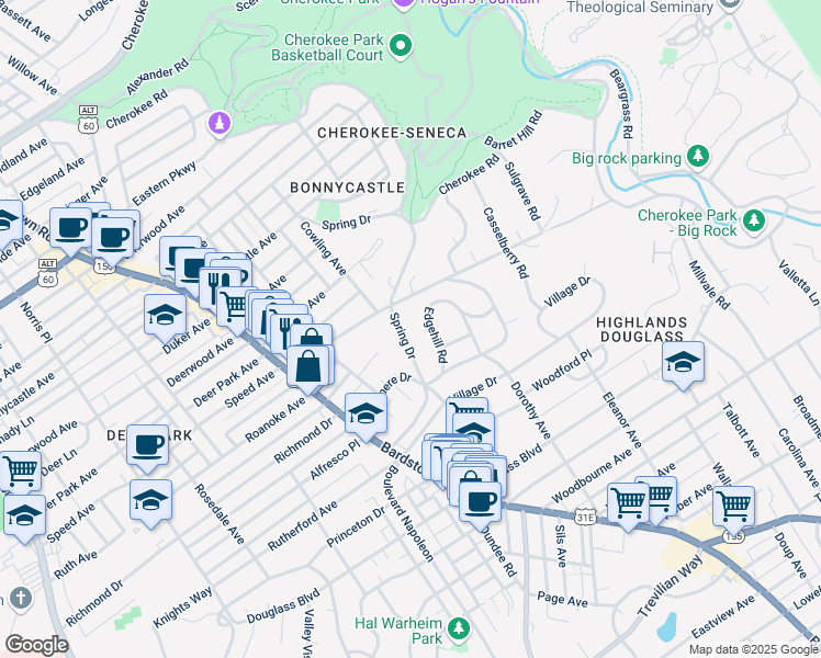map of restaurants, bars, coffee shops, grocery stores, and more near 1900 Spring Drive in Louisville