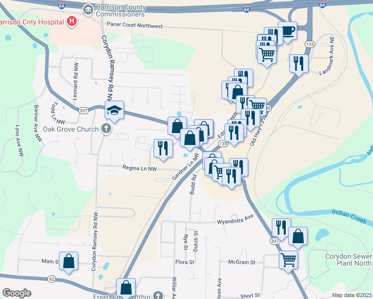 map of restaurants, bars, coffee shops, grocery stores, and more near 1979 Indiana 337 in Corydon