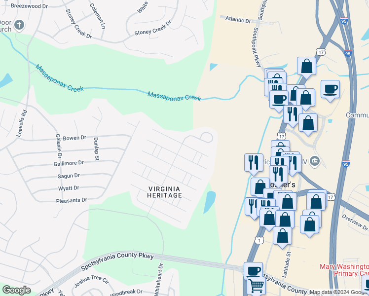 map of restaurants, bars, coffee shops, grocery stores, and more near 6228 East Dranesville Drive in Fredericksburg