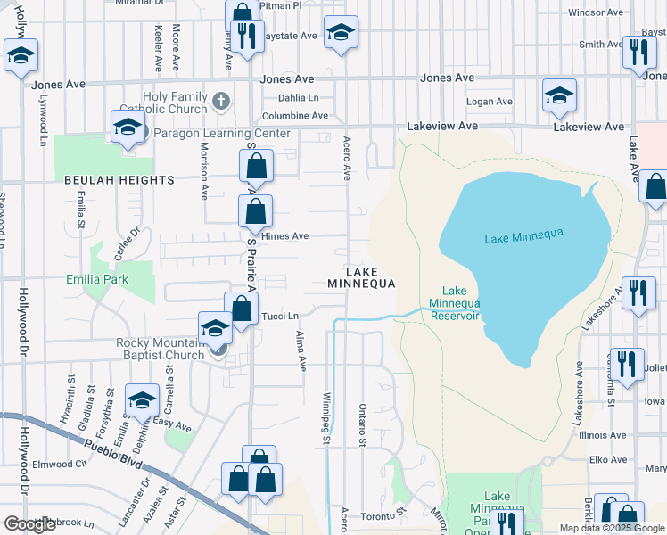 map of restaurants, bars, coffee shops, grocery stores, and more near 14 Gradishar Pl in Pueblo