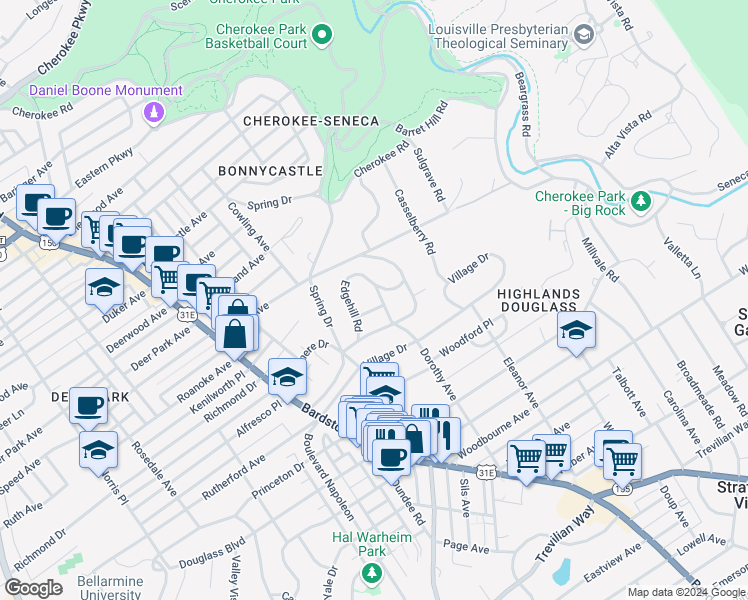 map of restaurants, bars, coffee shops, grocery stores, and more near 2119 Lauderdale Road in Louisville