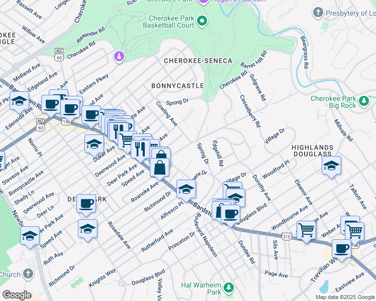 map of restaurants, bars, coffee shops, grocery stores, and more near 2115 Kenilworth Place in Louisville