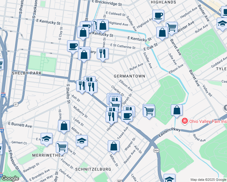 map of restaurants, bars, coffee shops, grocery stores, and more near 1013 Samuel Street in Louisville