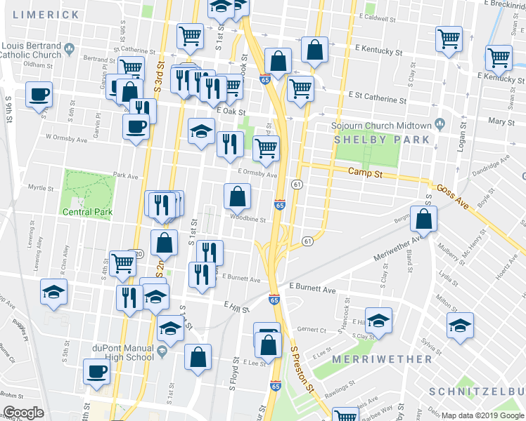 map of restaurants, bars, coffee shops, grocery stores, and more near 1361 South Floyd Street in Louisville