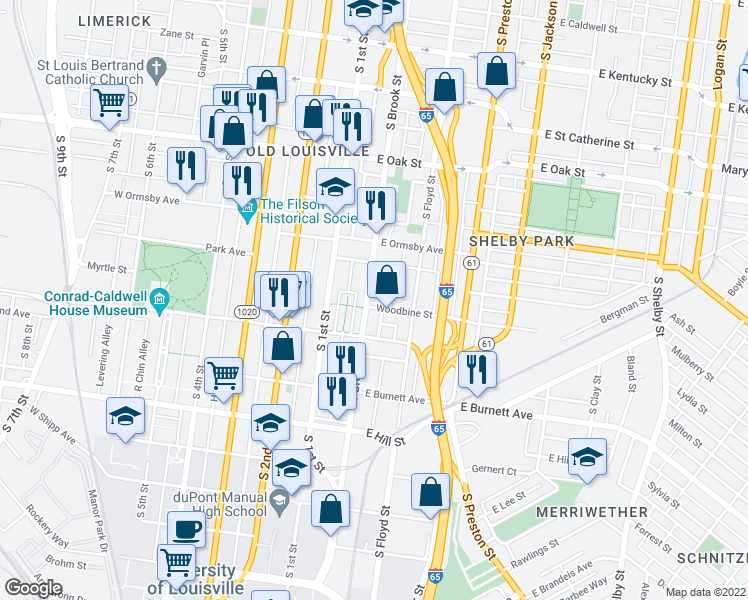 map of restaurants, bars, coffee shops, grocery stores, and more near 220 Woodbine Street in Louisville