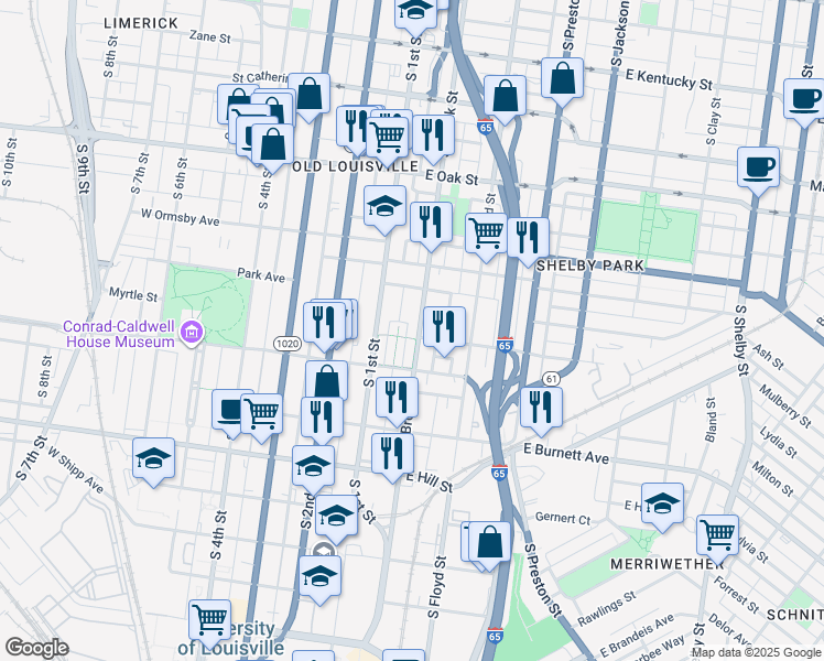 map of restaurants, bars, coffee shops, grocery stores, and more near 1374 South Brook Street in Louisville