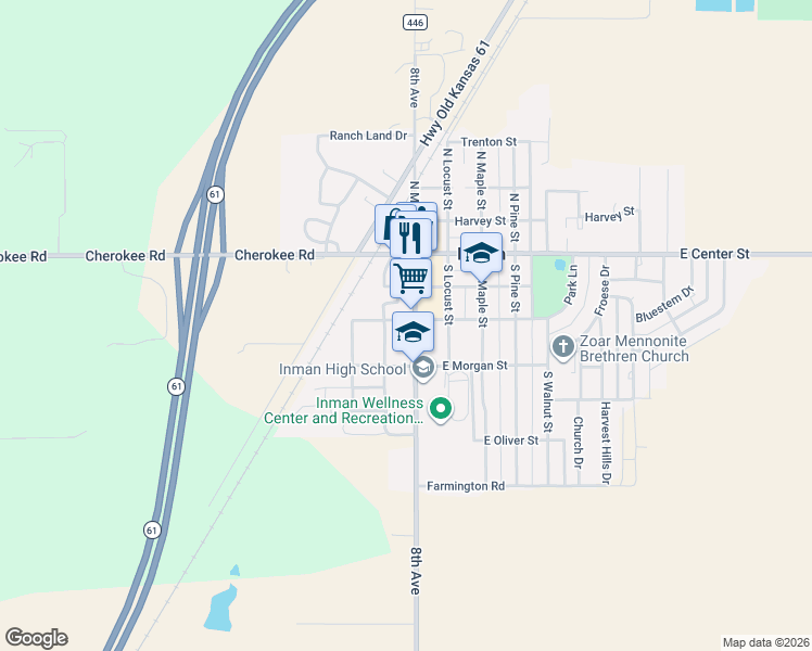 map of restaurants, bars, coffee shops, grocery stores, and more near 309 S Main St in Inman