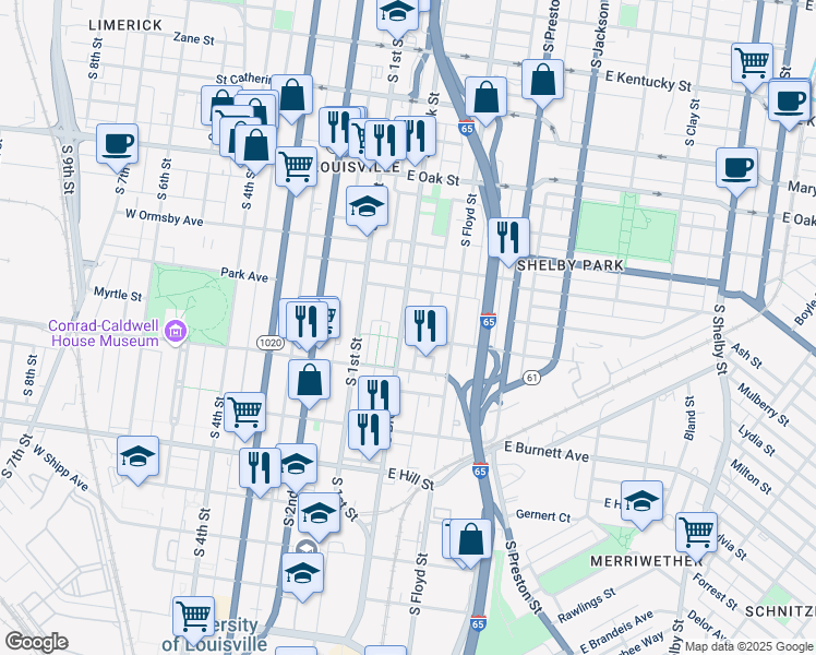 map of restaurants, bars, coffee shops, grocery stores, and more near 1349 South Brook Street in Louisville