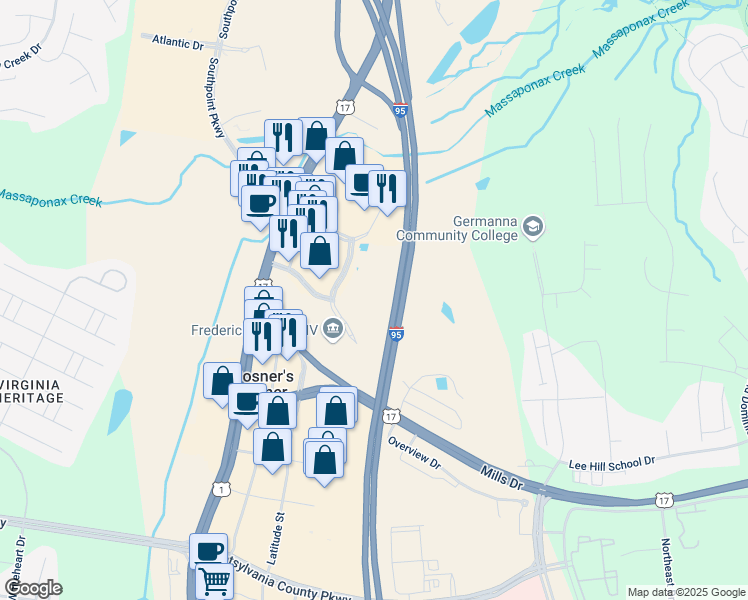 map of restaurants, bars, coffee shops, grocery stores, and more near 5801 Southpoint Centre Boulevard in Fredericksburg
