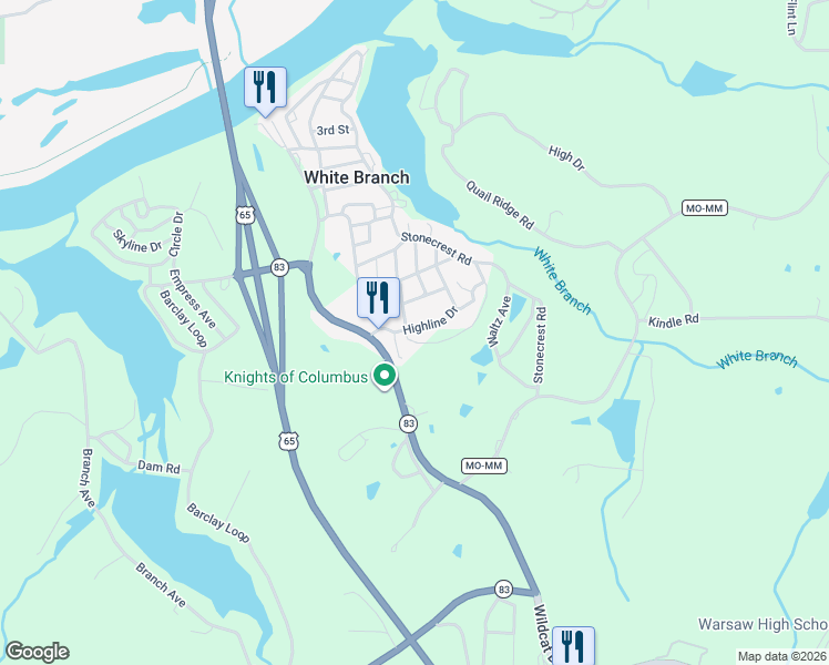 map of restaurants, bars, coffee shops, grocery stores, and more near 31667 Highline Drive in Warsaw