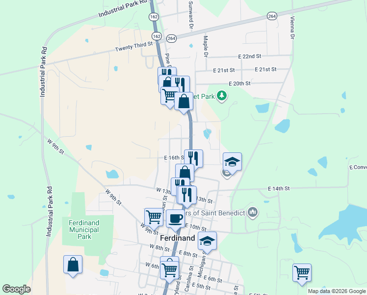 map of restaurants, bars, coffee shops, grocery stores, and more near 17th St in Ferdinand