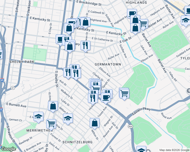 map of restaurants, bars, coffee shops, grocery stores, and more near 965 Charles Street in Louisville